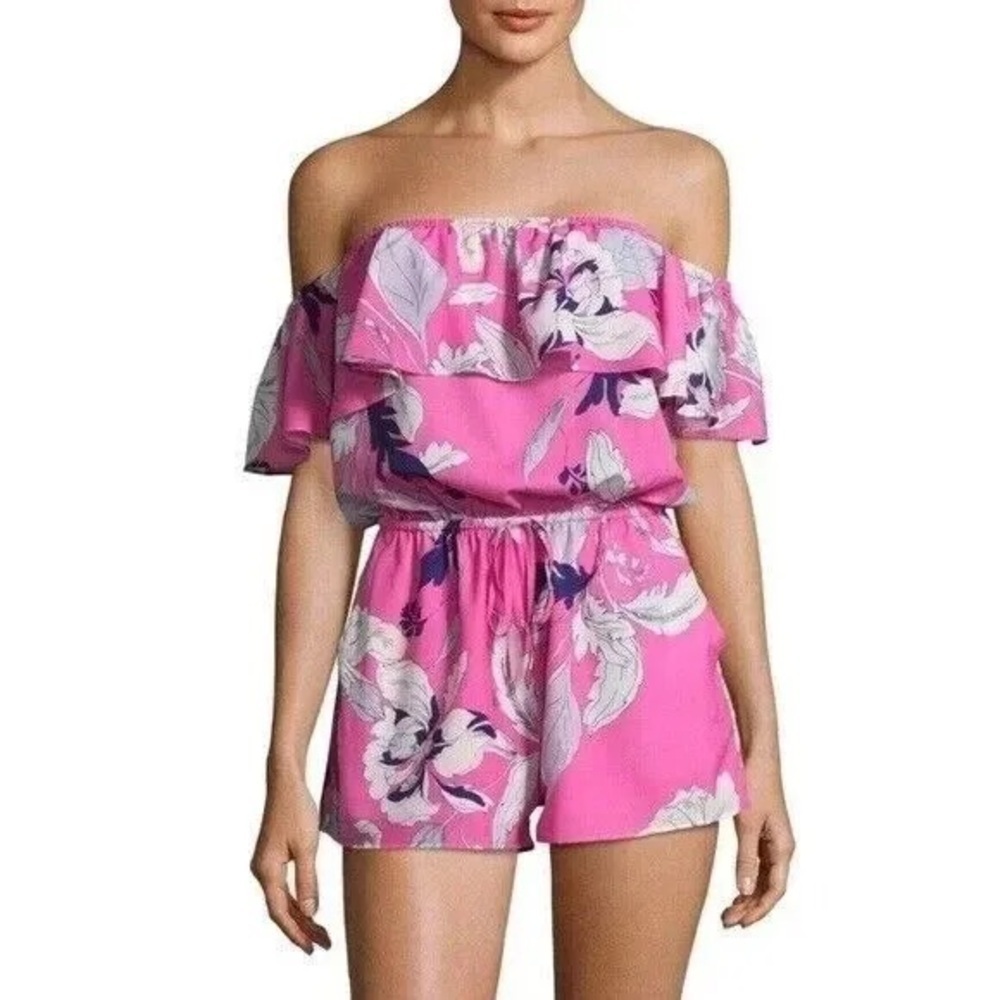 Yumi Kim Womens Pink Romper Off Shoulder Ruffle Floral Print Size S NWT